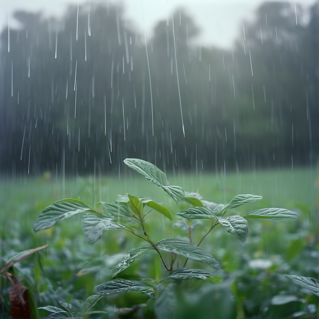 Fresh raindrops streak down over a small leafy plant growing in a soft-focus green meadow.