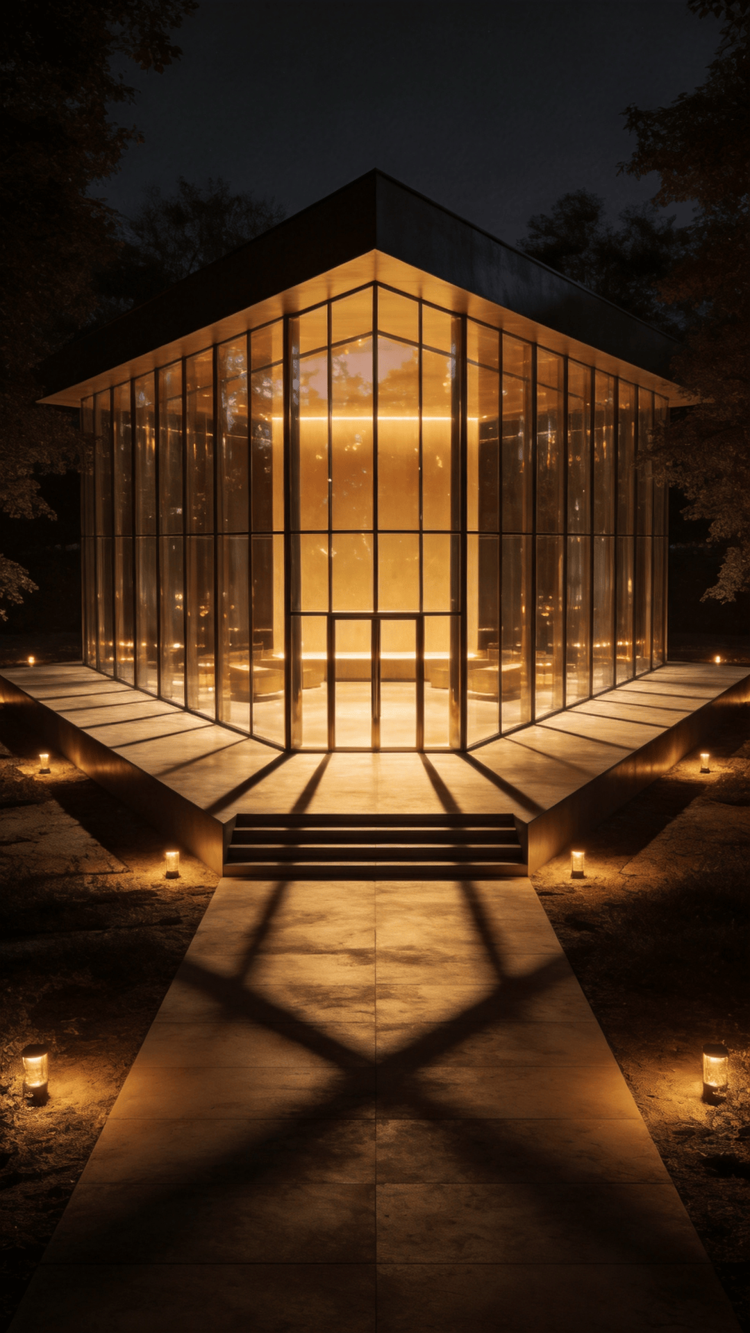 Pavilion with Glass Curtain Wall — Night With Warm Lights