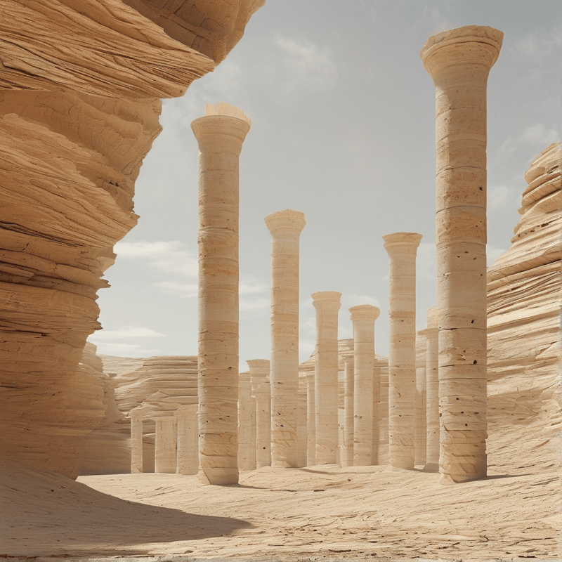 Tall beige stone pillars stand upright amidst layered sandy cliffs under a bright pale sky.