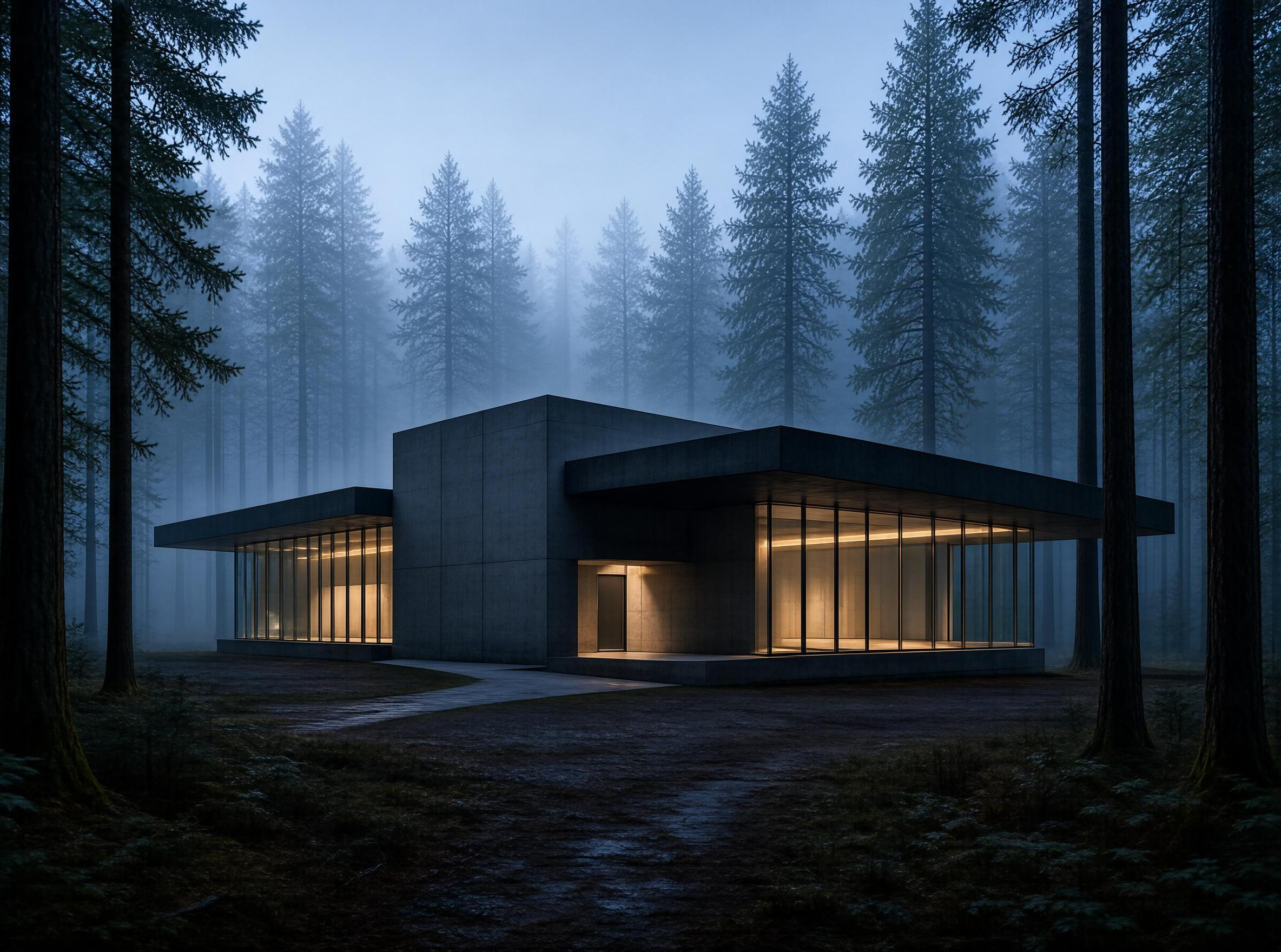 Glass House in Misty Forest