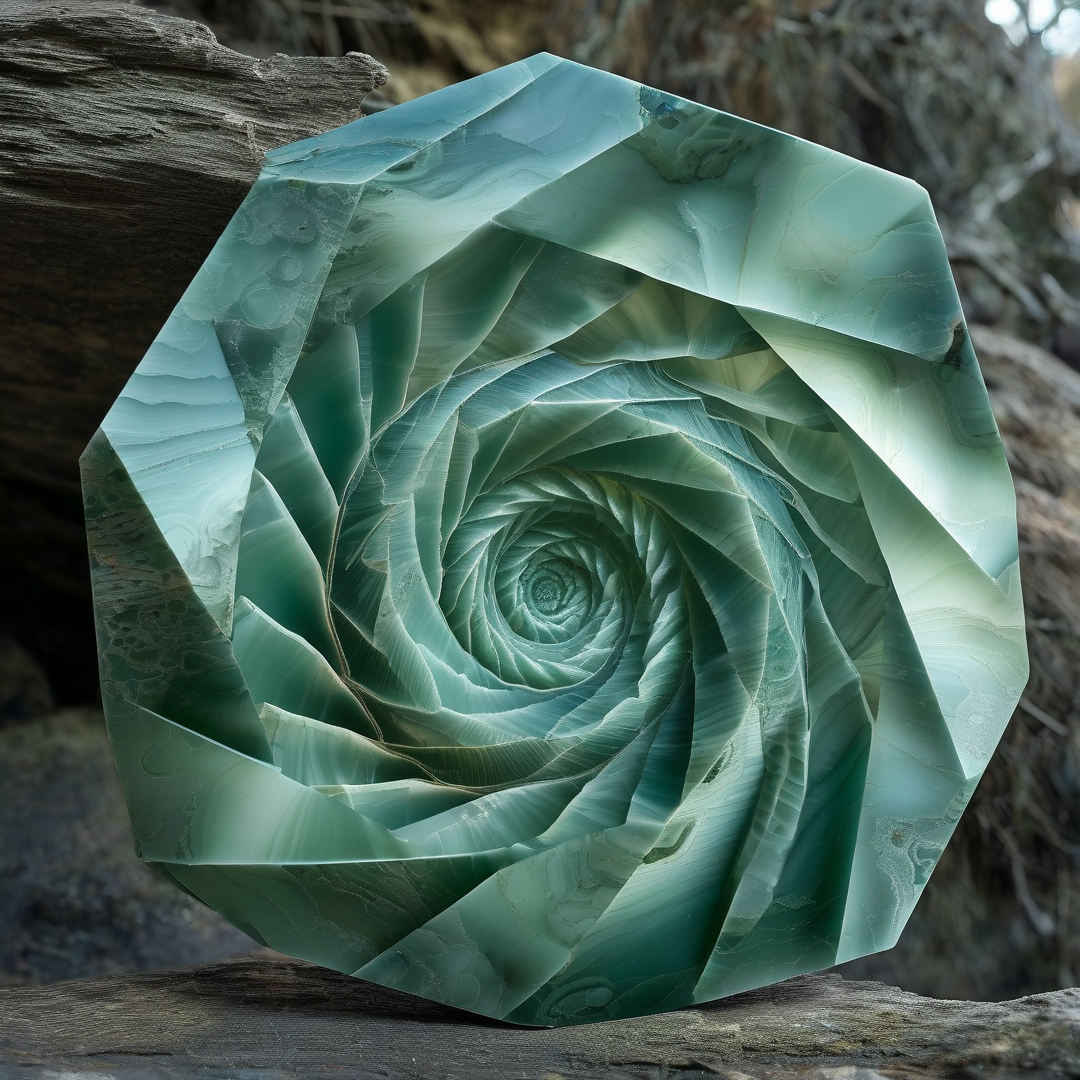 A faceted teal gemstone forms a deep spiral pattern while resting on rough weathered driftwood under diffuse daylight.