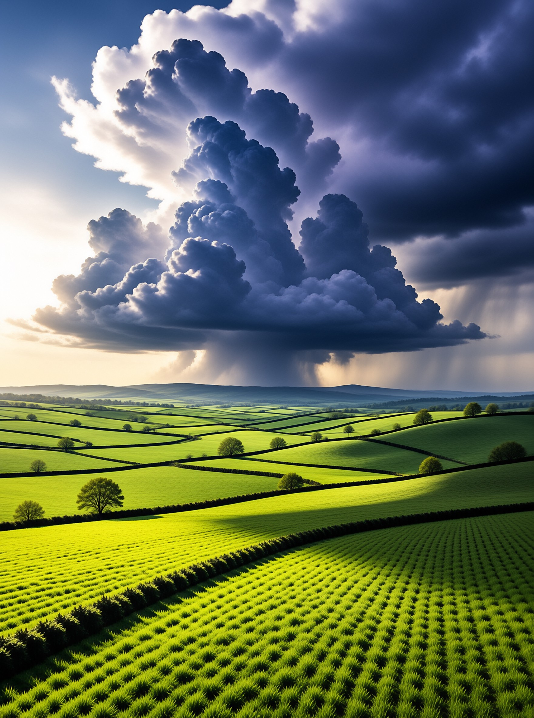 Cumulonimbus Cloud Over Sunlit Green Hills