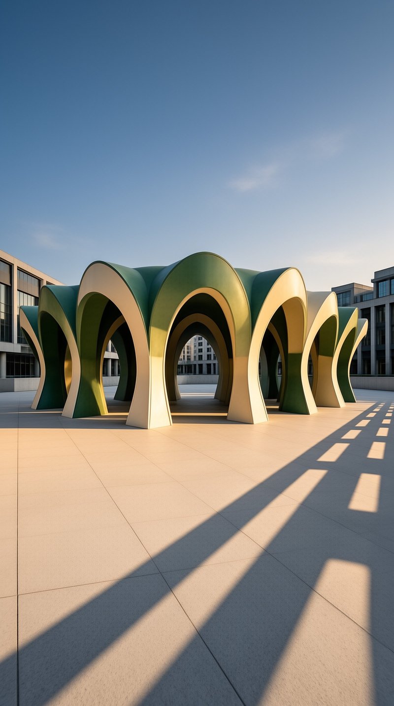 A row of curved green and cream arches forms an open pavilion on a tiled plaza, throwing striped shadows across the ground.