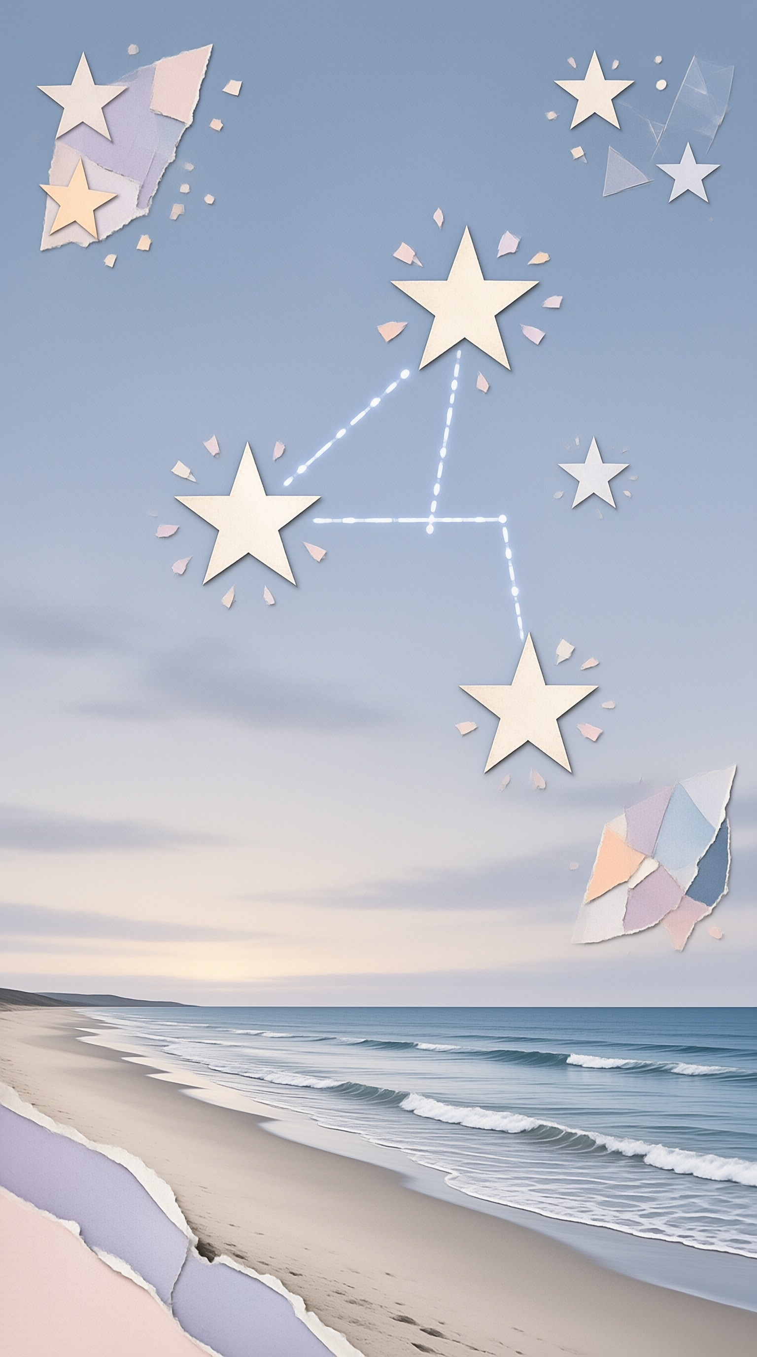 Paper star cutouts arranged as a constellation float above a gentle dusk beach with pale sand and calm blue sea.