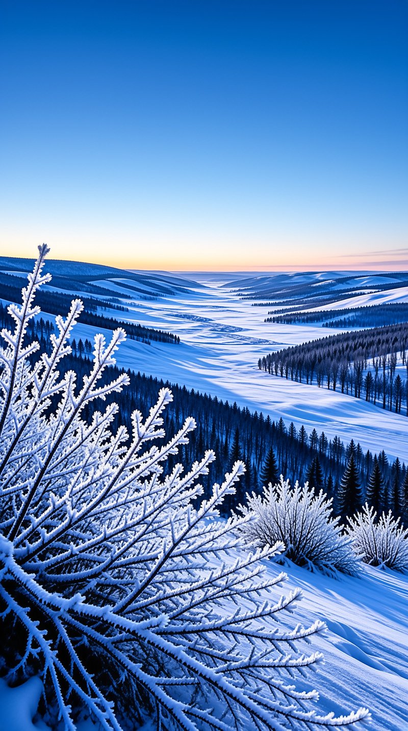 Snow covered rolling hills stretch across a valley while frosted trees frame the foreground under a twilight sky.