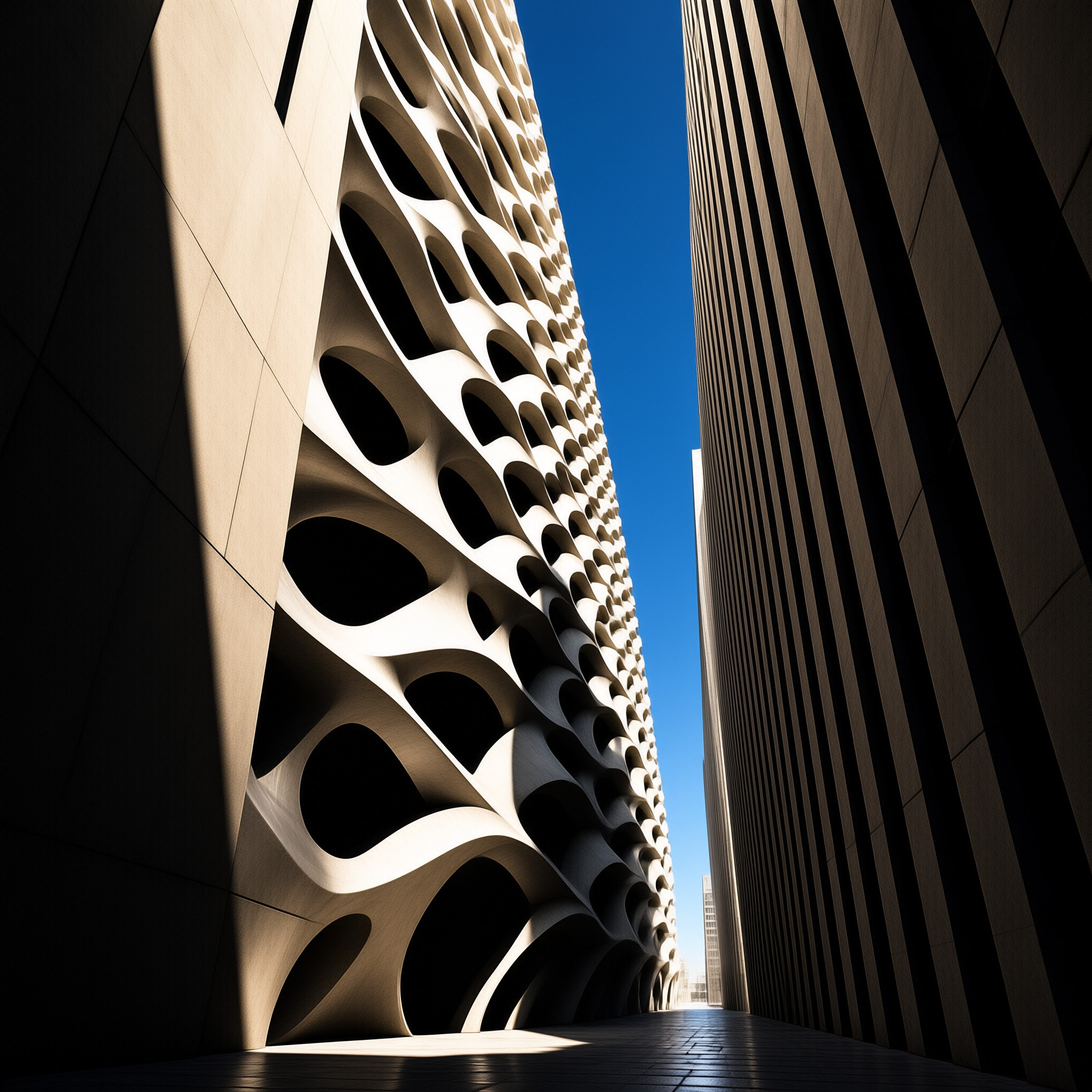 A low angle view captures contrasting architectural surfaces beneath a clear blue sky.