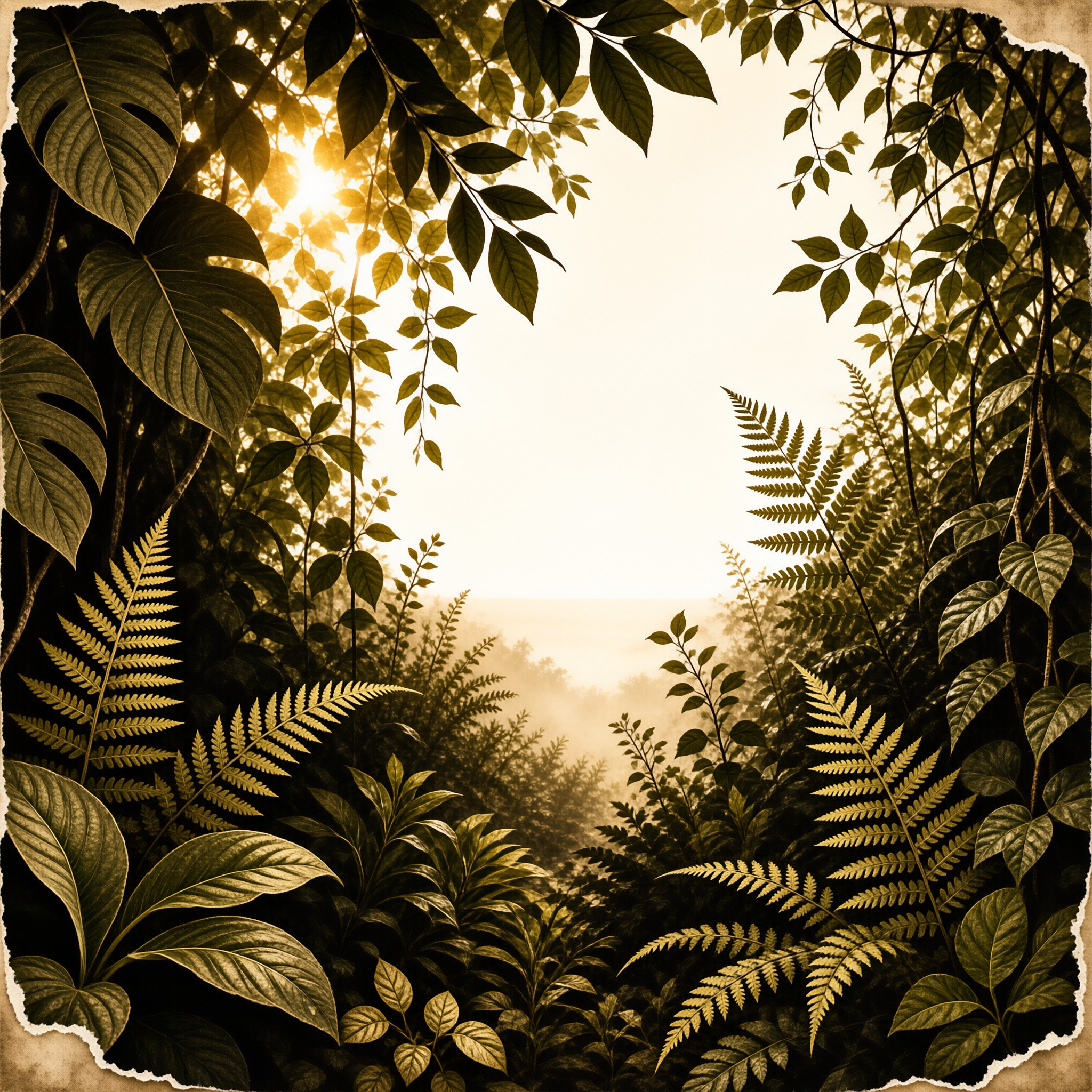 Dense green ferns and leaves surround bright sunlight filtering through a misty forest canopy in vintage style.