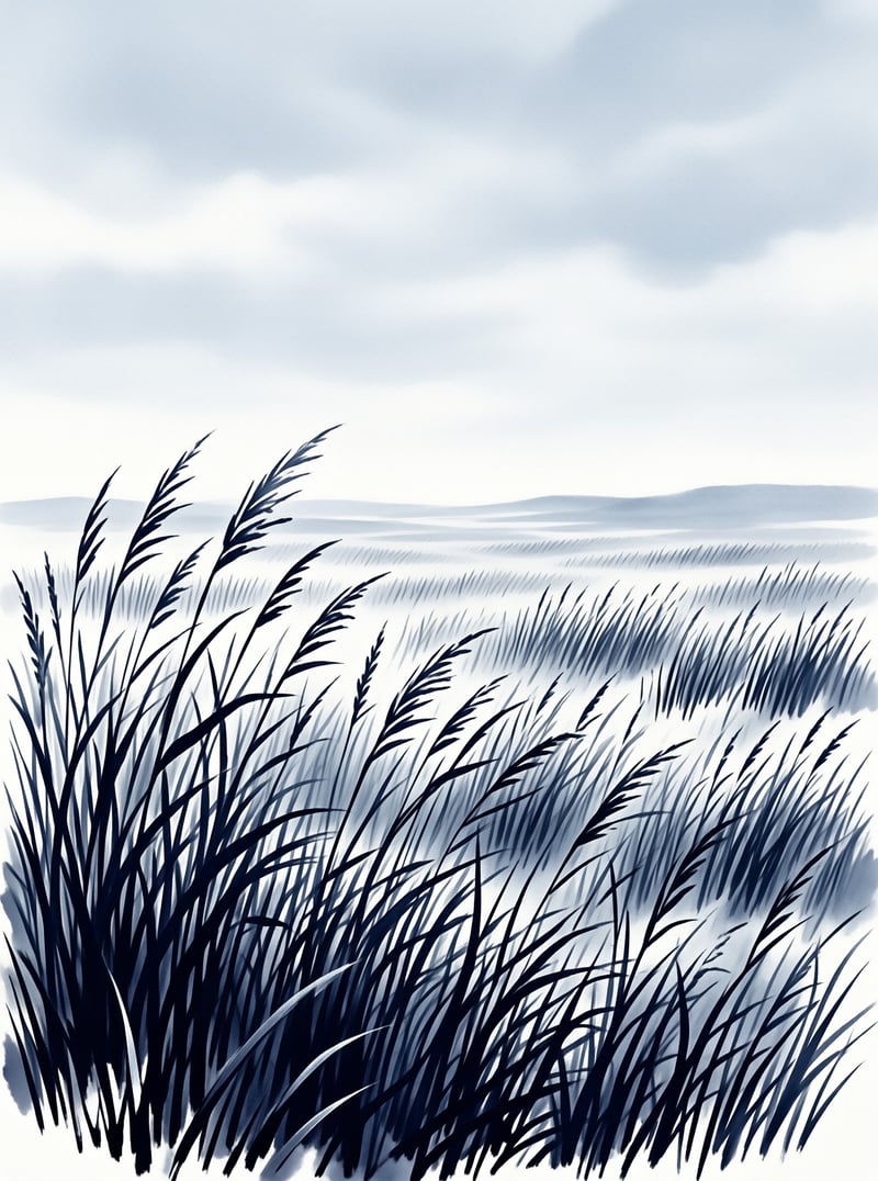 Tall dark blue grasses stand in the foreground before misty white fields and distant hills under a cloudy sky.