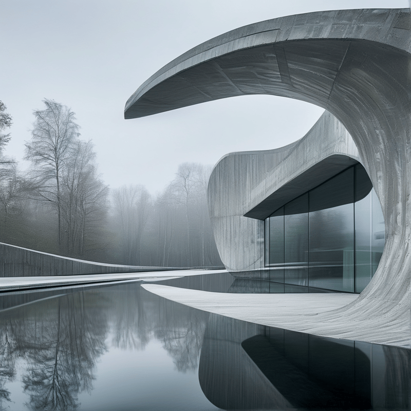 A sweeping cantilevered concrete roof shelters glass walls above a mirror-calm pool in a foggy wood.
