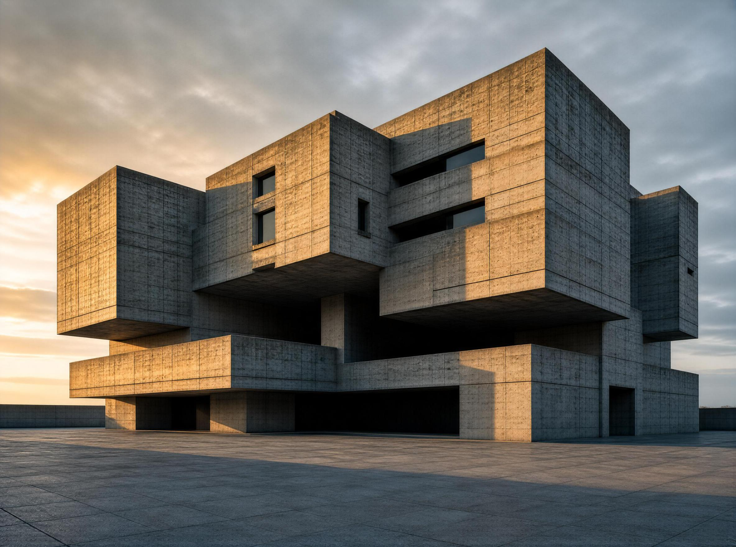 Brutalist Concrete Building at Sunset