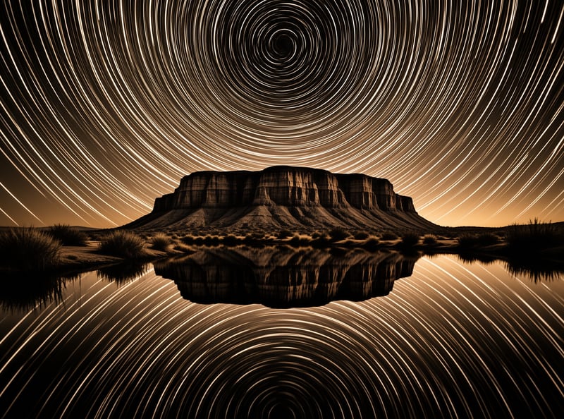 Concentric arcs of star trails swirl above a flat topped rock formation mirrored in a still desert pool.