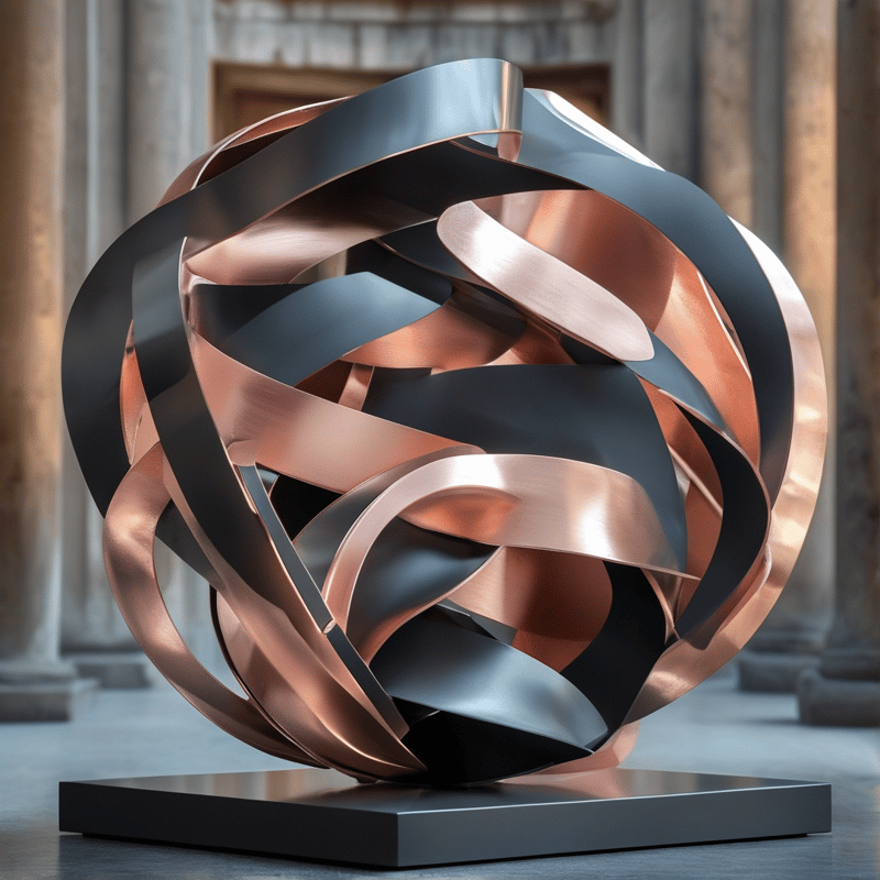Abstract metal knot sculpture with copper and steel tones rests on a pedestal in a colonnade.