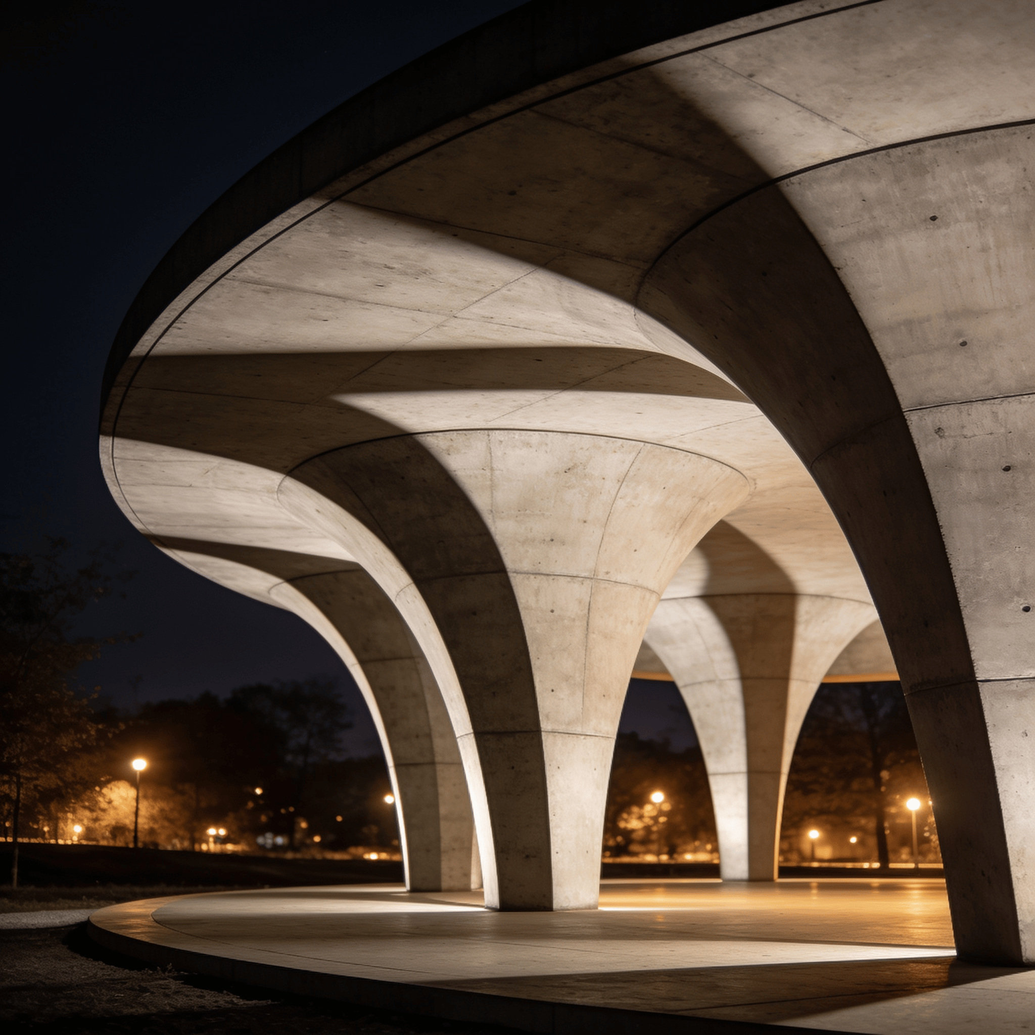Pavilion with Curved Concrete — Night With Warm Lights