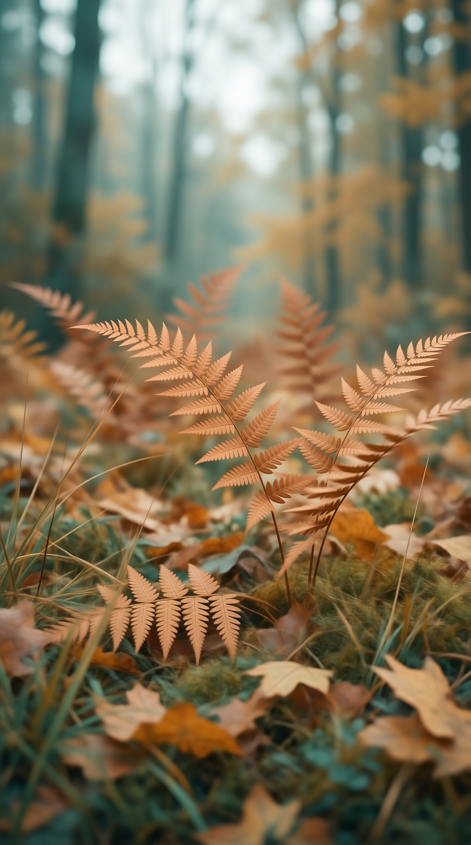 Golden Ferns in Autumn Forest