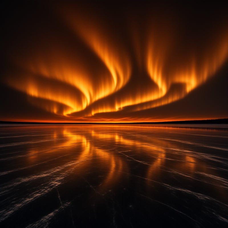 Ribbons of glowing orange light sweep across a dark winter sky and mirror on a cracked frozen lake below.