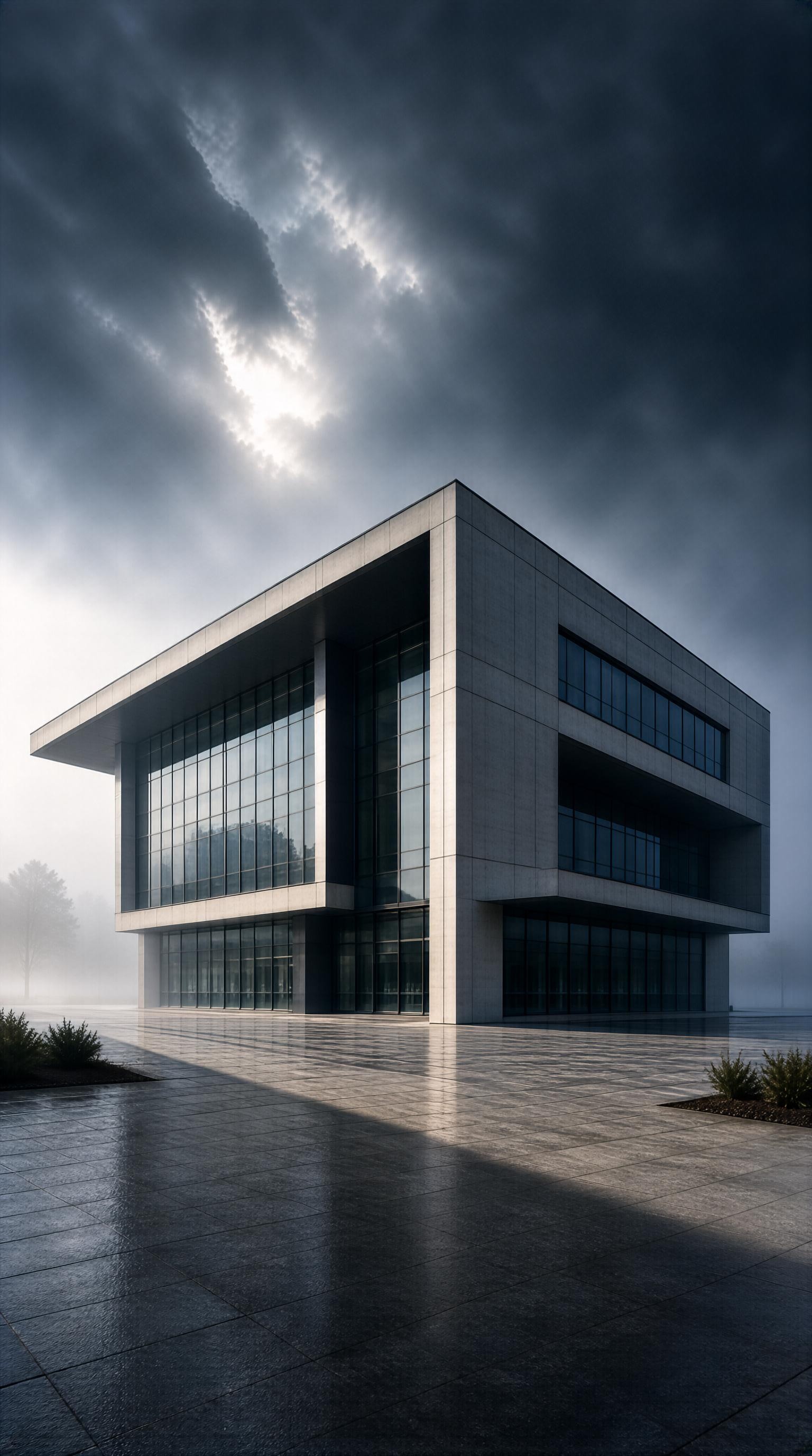 Modern Cubic Building in Foggy Overcast