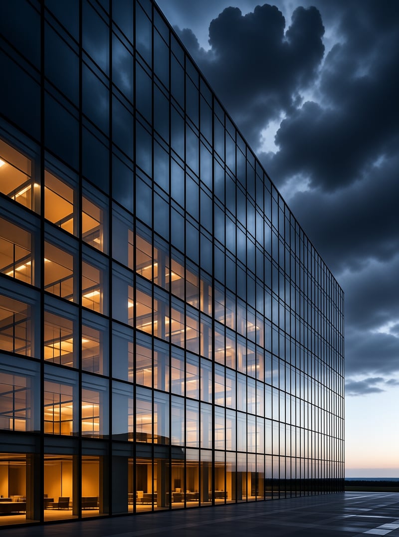 Warm interior lights shine through a grid of tall windows while dark evening clouds roll above the mirrored exterior.