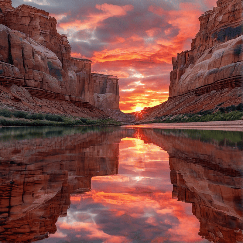 A calm river mirrors the fiery orange sunset as it sets between towering red rock cliffs under a dramatic sky