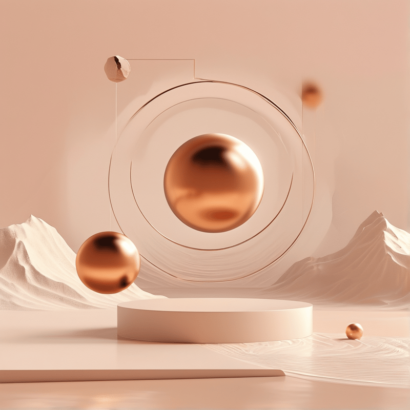 Polished copper spheres float within delicate circular frames above a smooth undulating beige landscape.