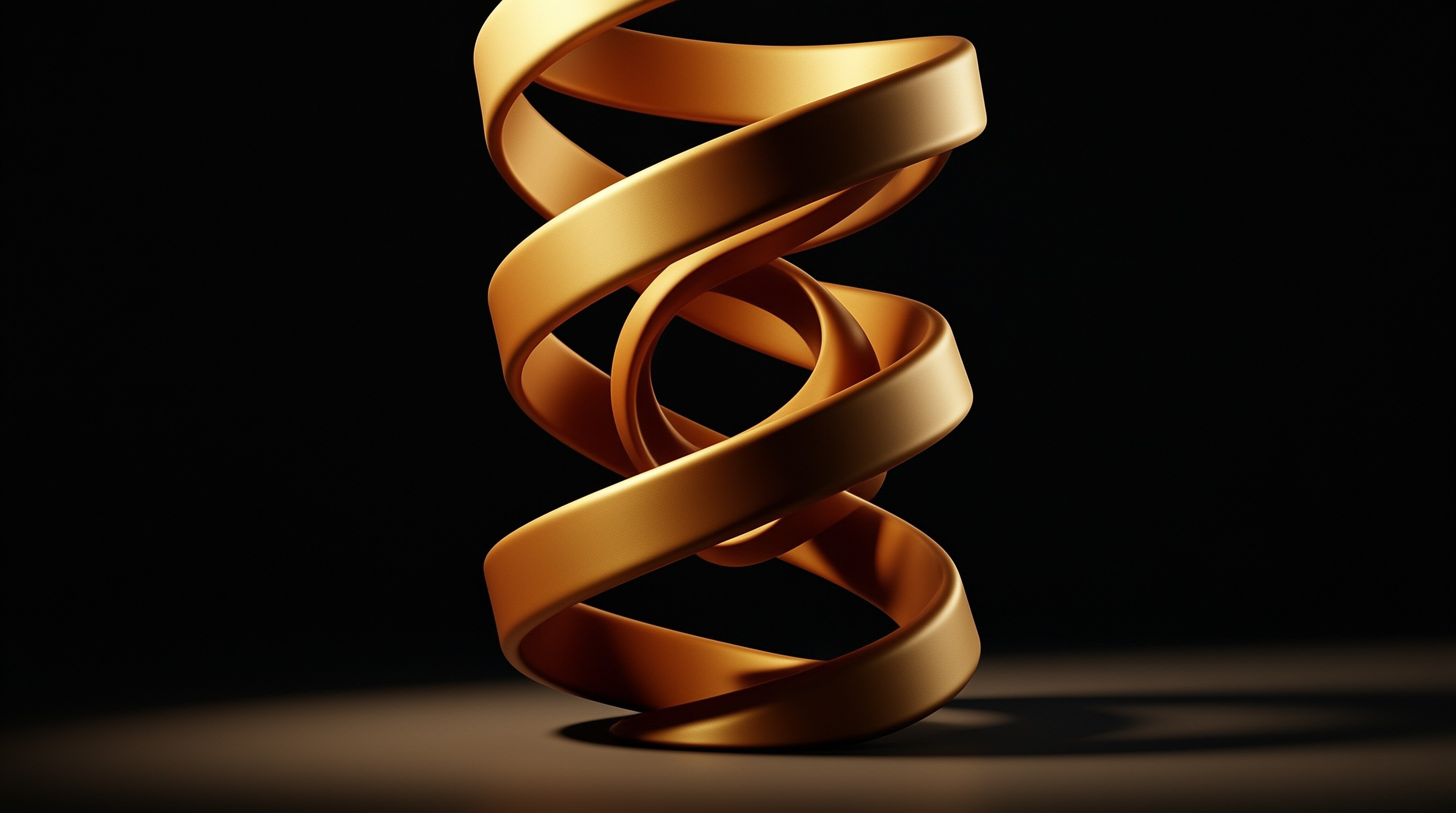 A glossy bronze band twists into a loose spiral, catching warm light against a deep black studio backdrop.