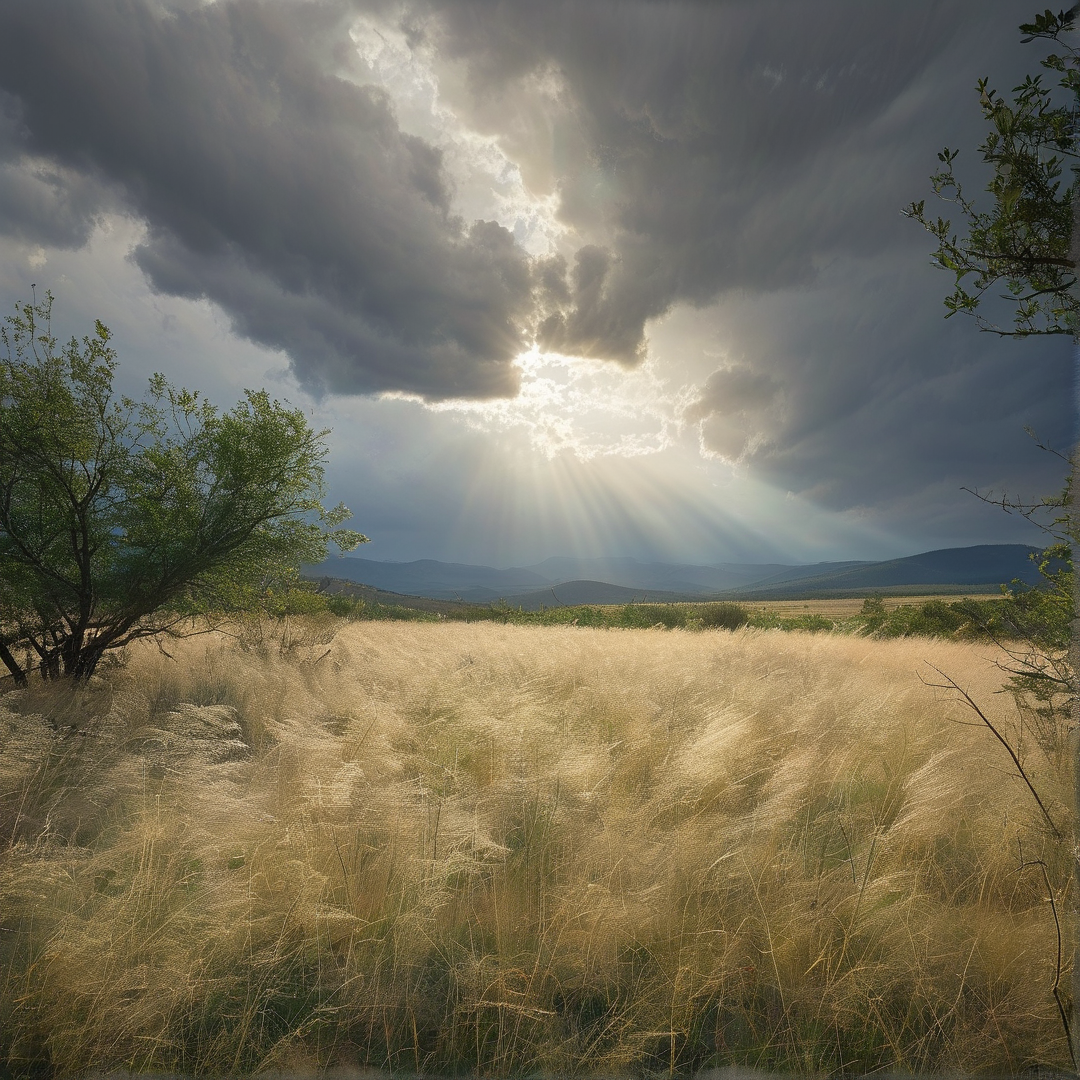 Sun Rays Over Golden Grassland
