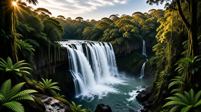 Sunlit Tropical Waterfall