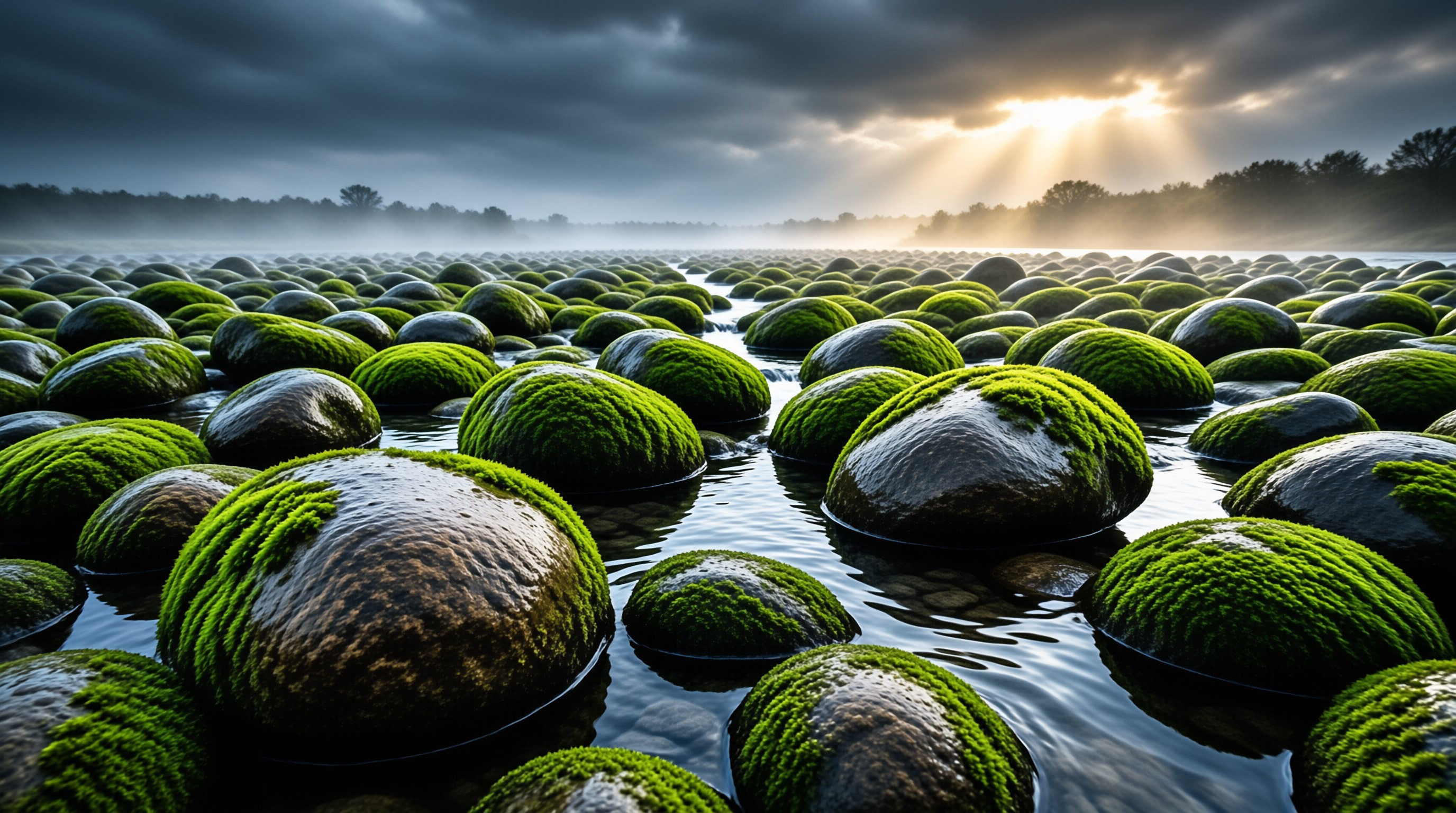 Moss-Covered River Stones