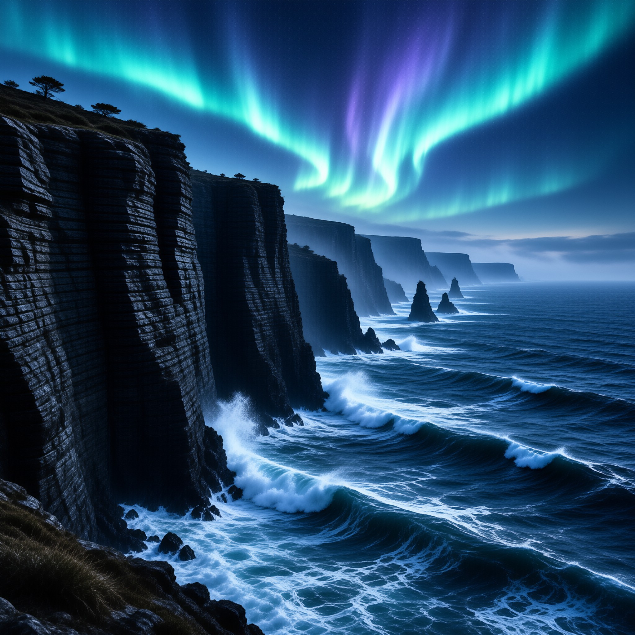Aurora Borealis Over Coastal Cliffs