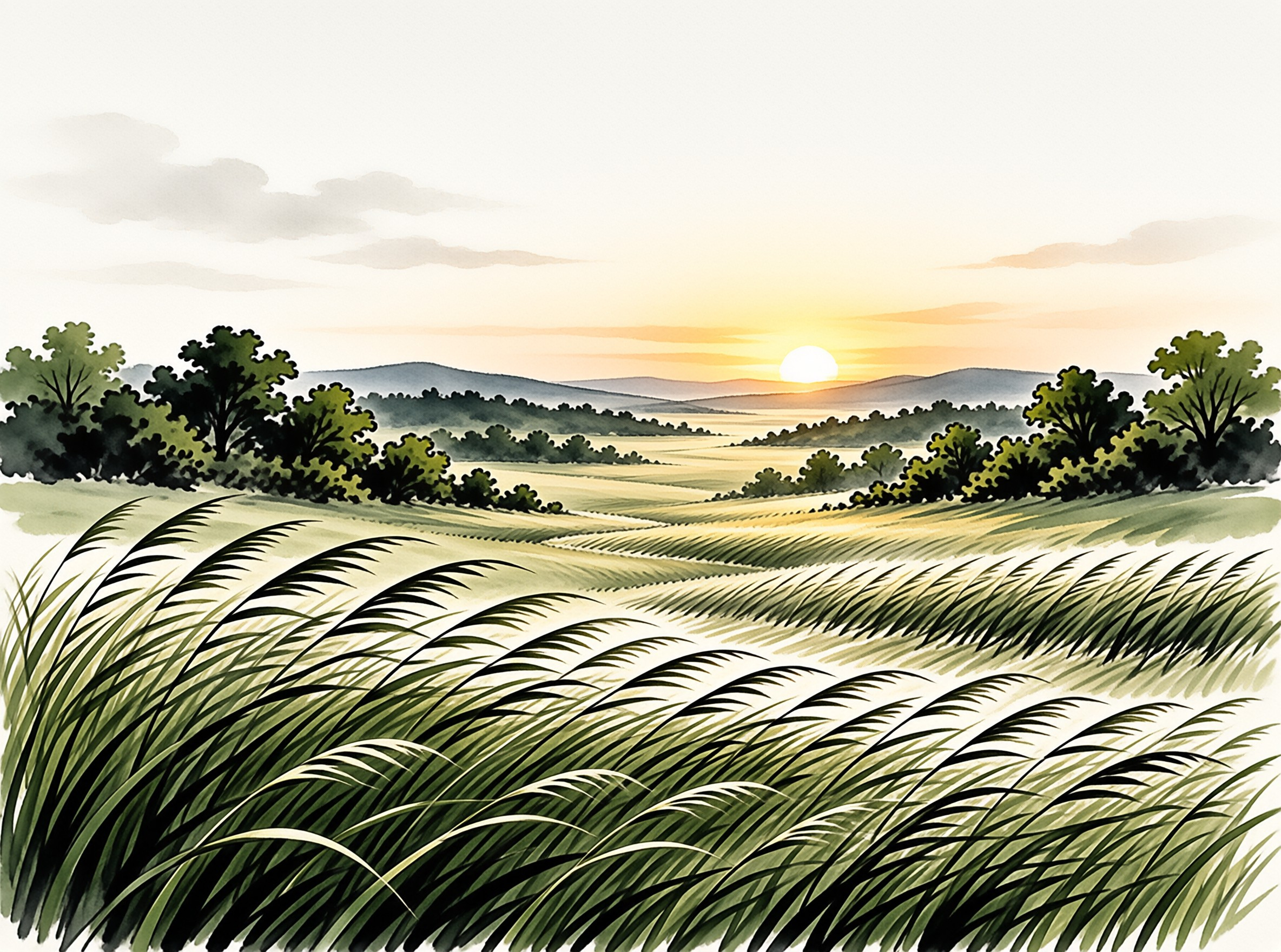 Watercolor painting of wind ruffled green meadows leading to layered distant hills with a bright sun on the horizon