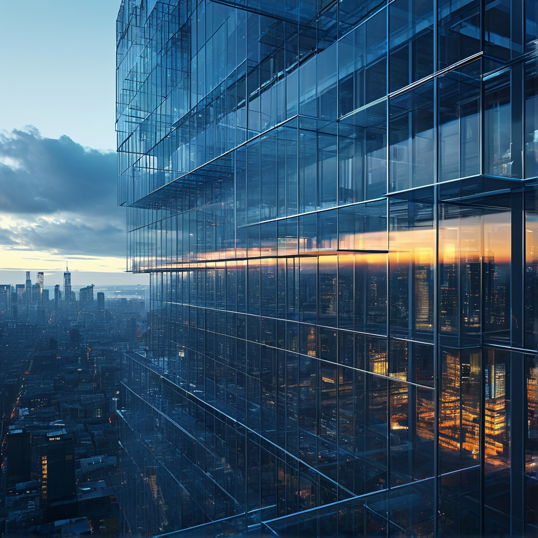 A tall glass tower reflects warm city lights against a cloudy blue evening sky.