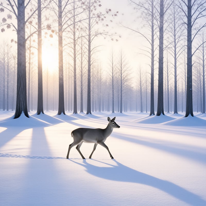 A deer walks across a snowy forest floor with long shadows cast by rising sun.