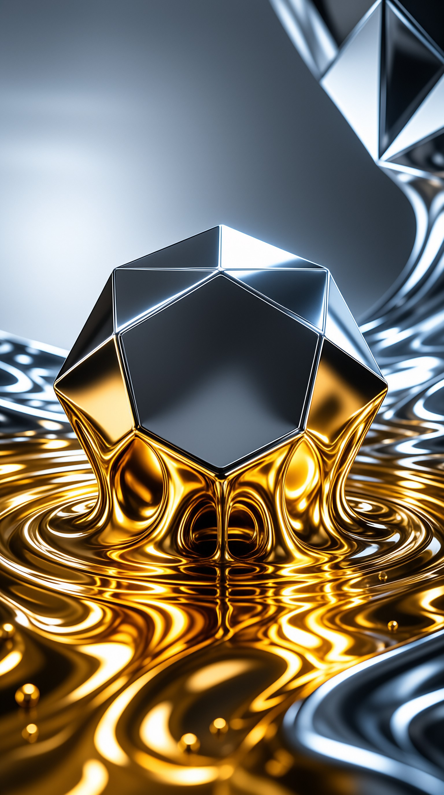 A reflective metallic shape rises from an undulating amber surface capturing sharp highlights.