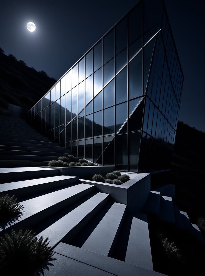 Wooden cross braced beams form an open cubic frame that looks out toward a soft misty horizon at early morning.