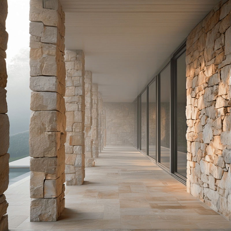 A long walkway features thick rough stone pillars on one side and floor-to-ceiling glass windows on the other.