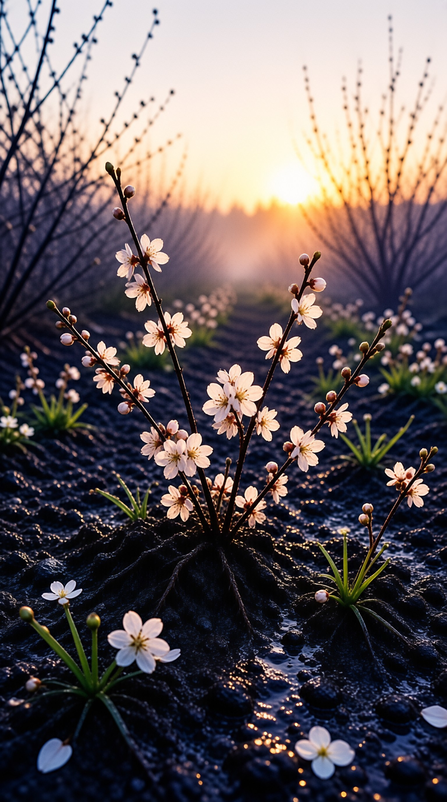 Delicate white flowers sprout from shiny dark terrain while a bright sun glows in the distance.