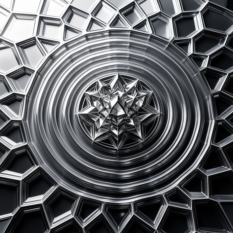 A polished silver starburst sits at the center of rippling metal rings and angular geometric tiles.