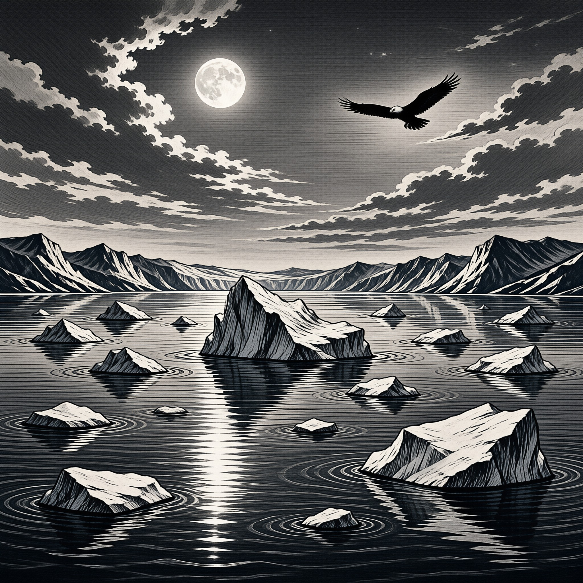 A soaring eagle glides above a calm lake scattered with icebergs under a glowing full moon in monochrome