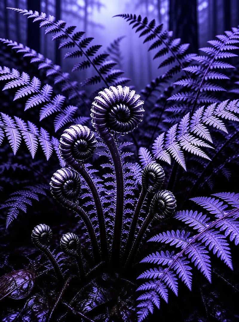 New fern shoots unfurl in a cluster surrounded by feathery fronds within a deep violet woodland setting
