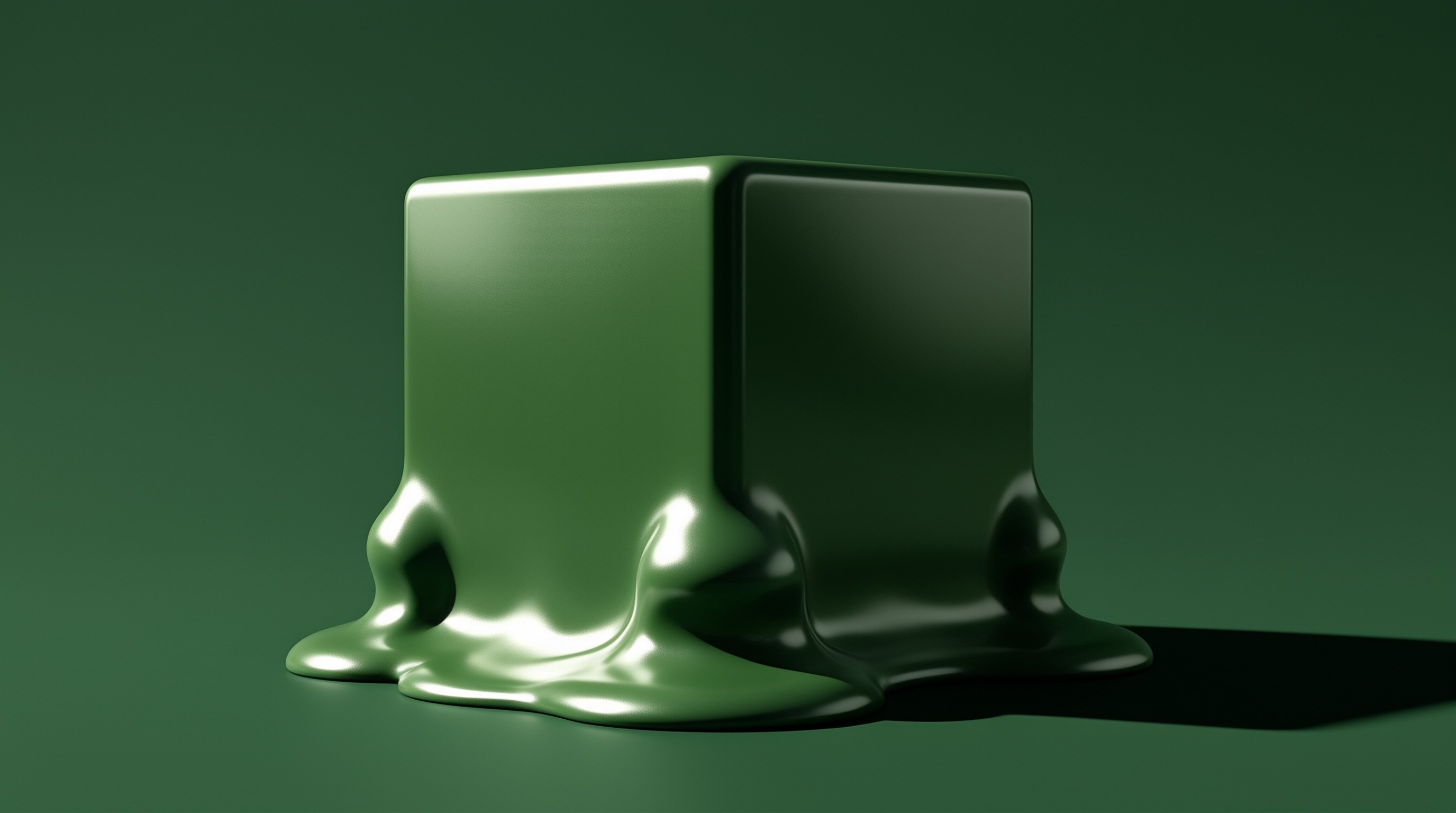 A smooth green block appears to melt at the bottom while sitting on a surface matching its deep hue and glossy finish.