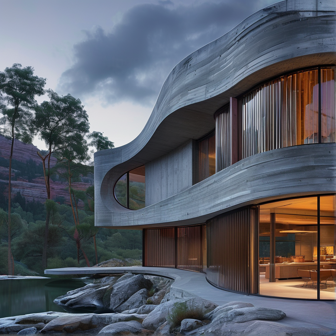 Curved Concrete Villa at Dusk