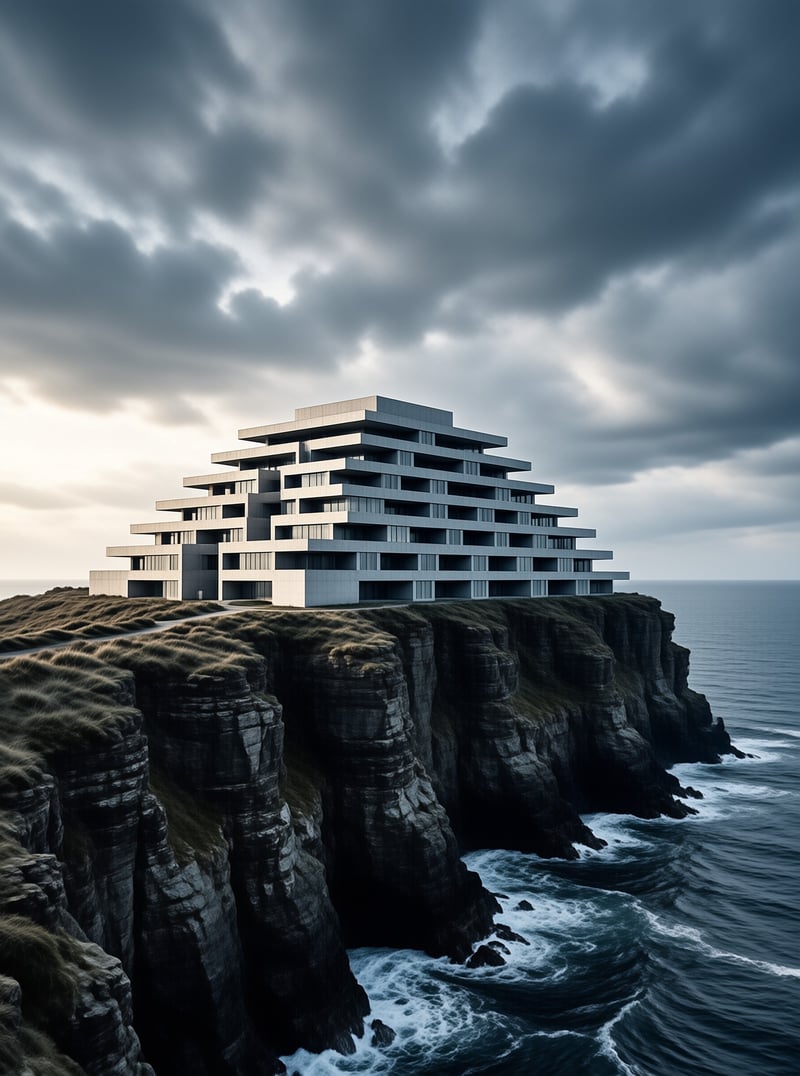 A stepped concrete building perched on a grassy sea cliff beneath heavy grey storm clouds with waves crashing below.