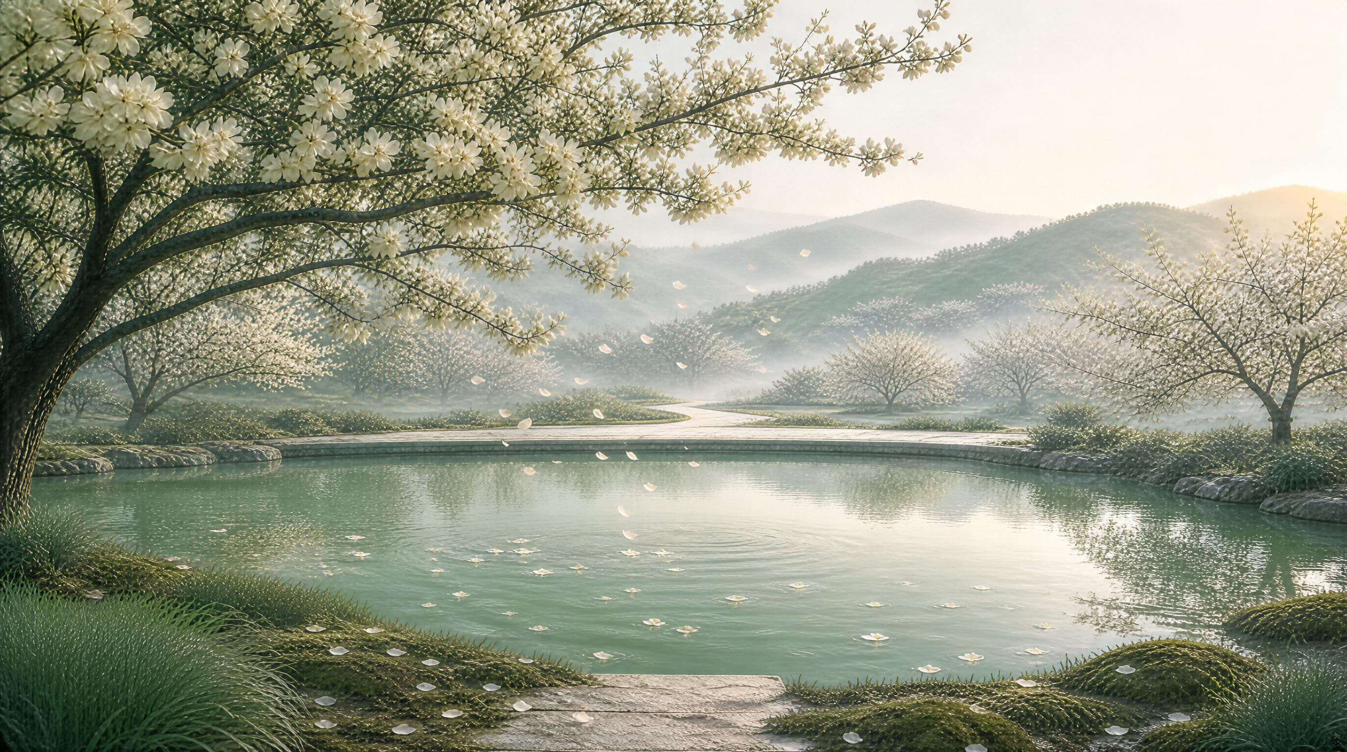 Spring Garden with Pond and Blossoms