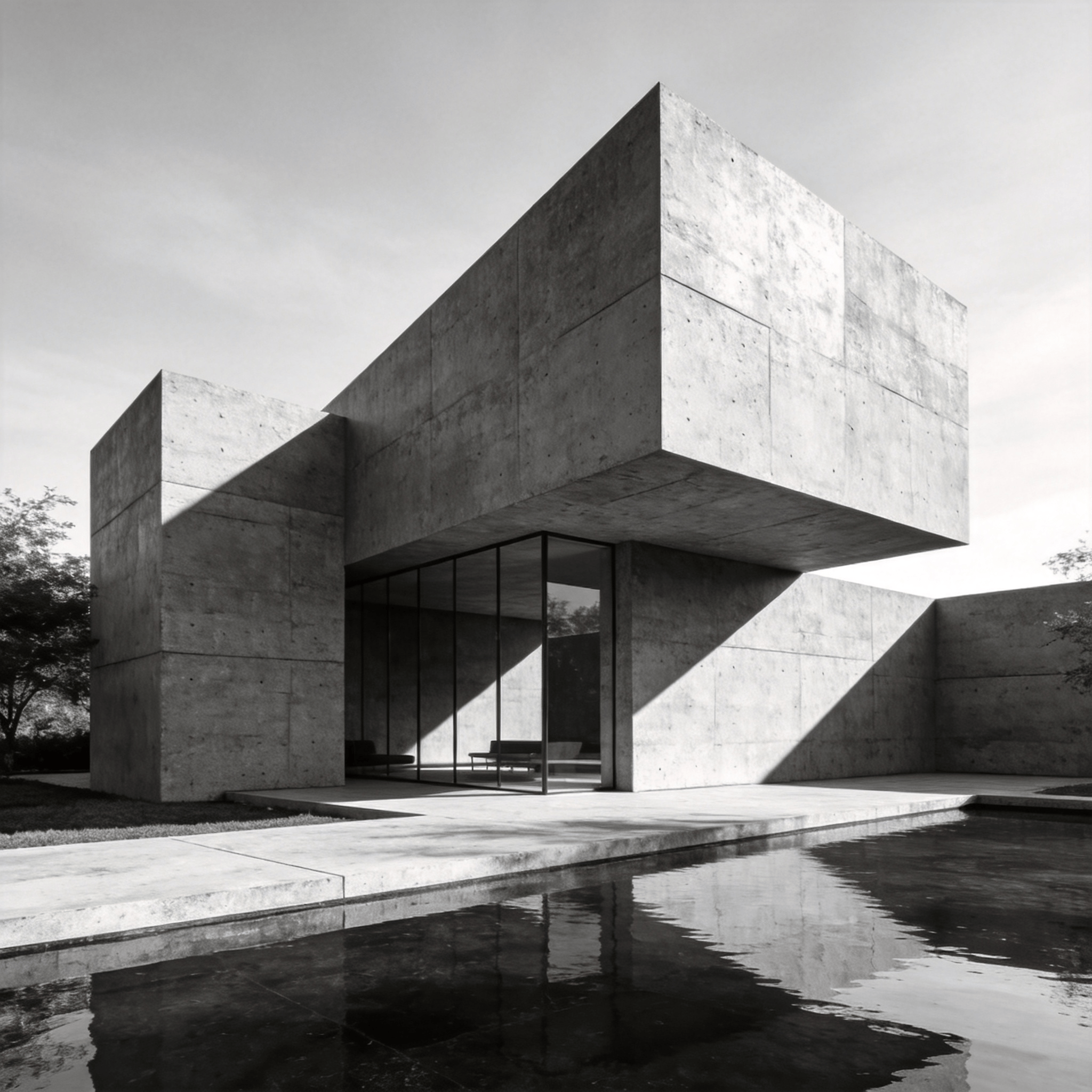 Pavilion with Brutalist Massing — Reflecting Pool