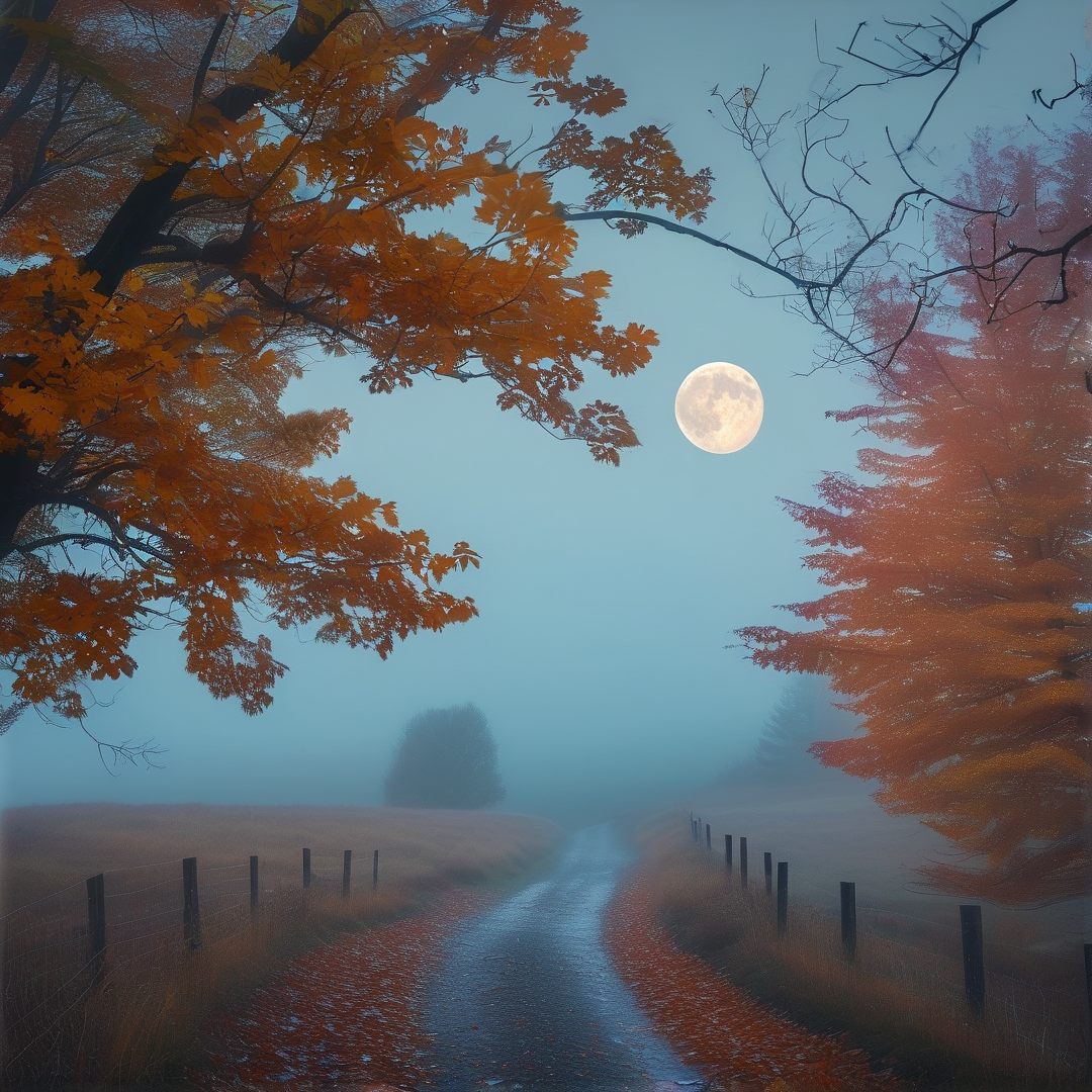Foggy Autumn Road with Moon