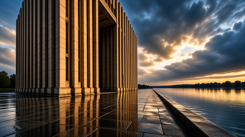 Massive stone columns reflect in a wet paved walkway beside calm water under a dramatic golden sunset sky.