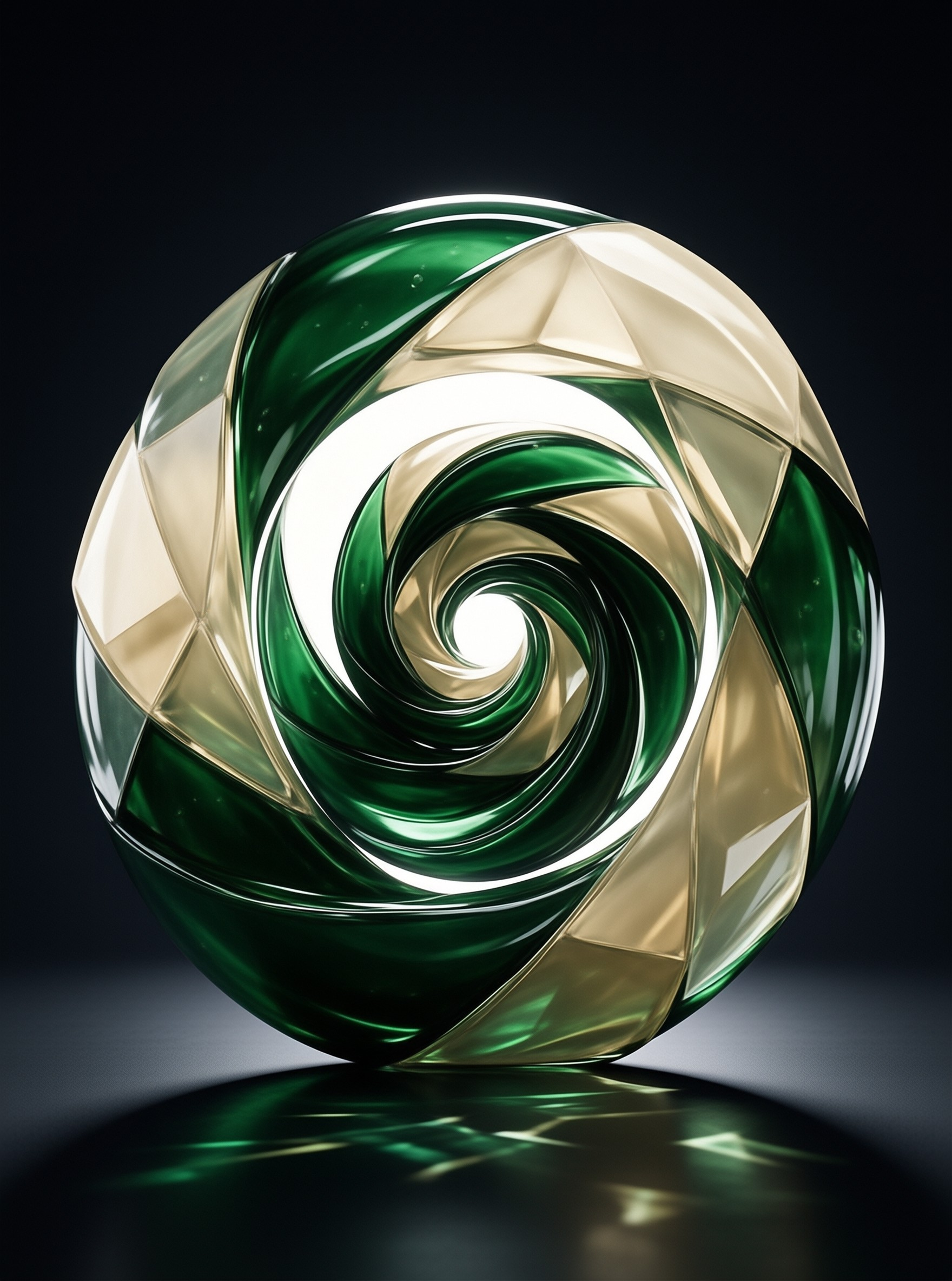 A glossy emerald green and cream orb with a spiral pattern rests on a dark reflective surface.