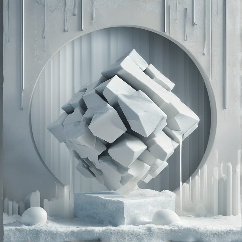 A cluster of geometric white cubes rests on a pedestal within a large round opening surrounded by icicle-like formations.
