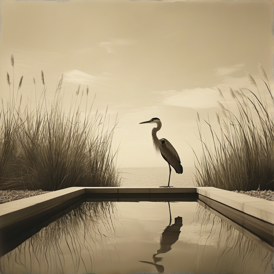 A grey heron stands on a stone ledge with tall reeds framing the sides while its reflection appears in the pool below in a monochromatic sepia tone.