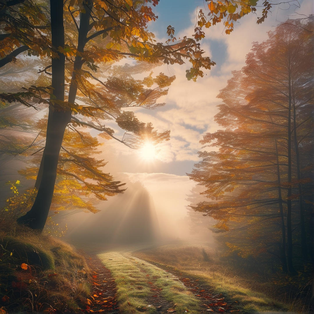 Misty Autumn Forest Sunrise