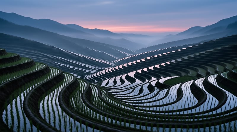 Water-filled terraces curve along a hillside at twilight, mirroring a soft pink and blue sky between layered mountains.